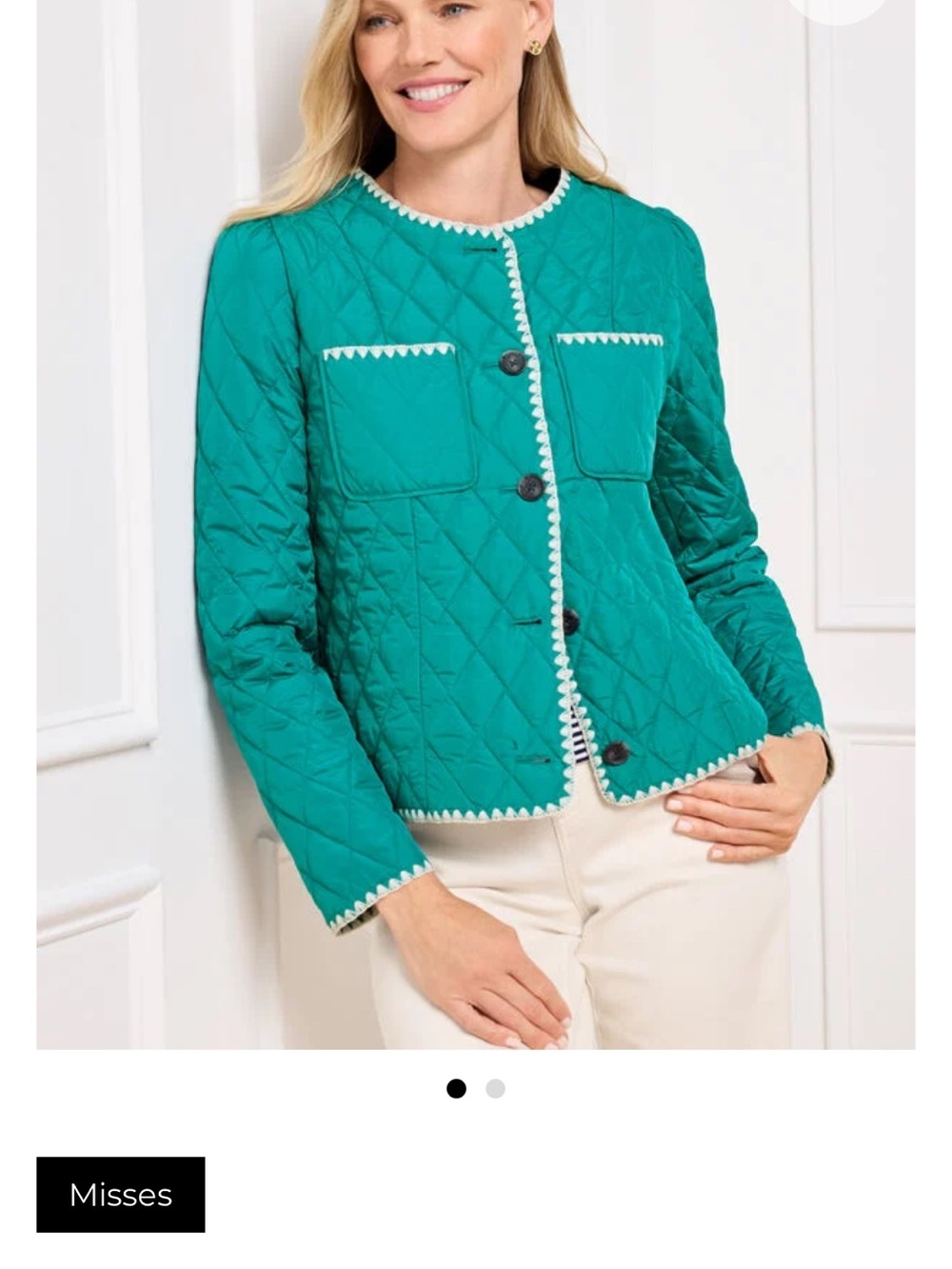 Talbots Quilted Teal Jacket with White Trim